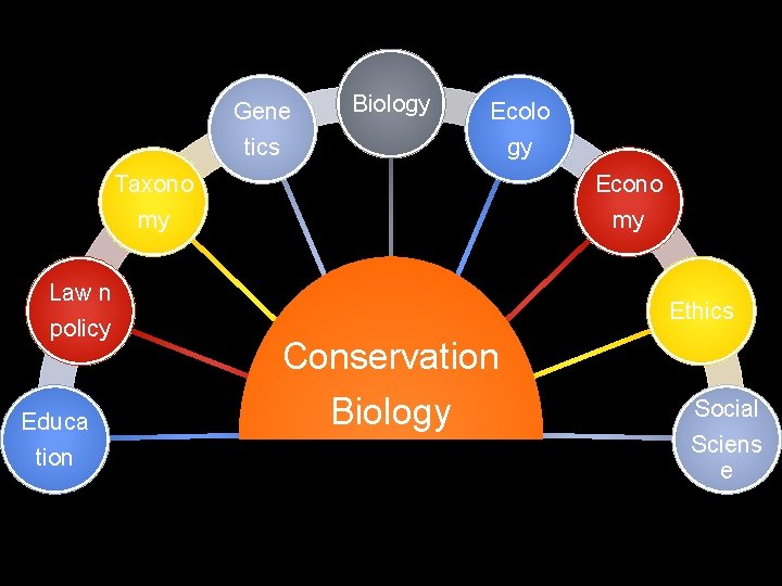 Gene tics Biology Ecolo gy Taxono my Law n policy Educa tion Econo my