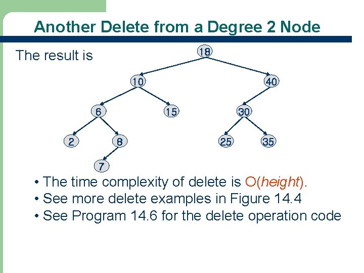 Another Delete from a Degree 2 Node 18 The result is 10 6 2