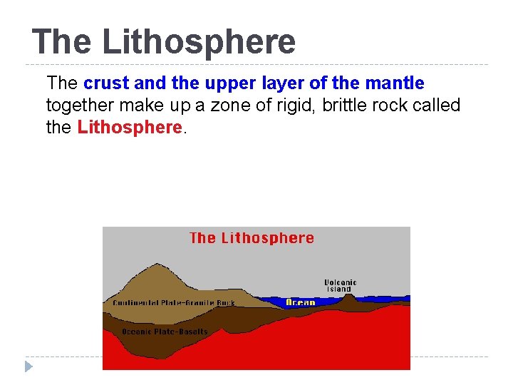 The Lithosphere The crust and the upper layer of the mantle together make up