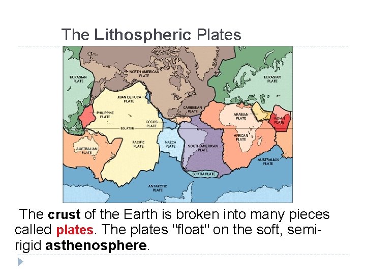 The Lithospheric Plates The crust of the Earth is broken into many pieces called