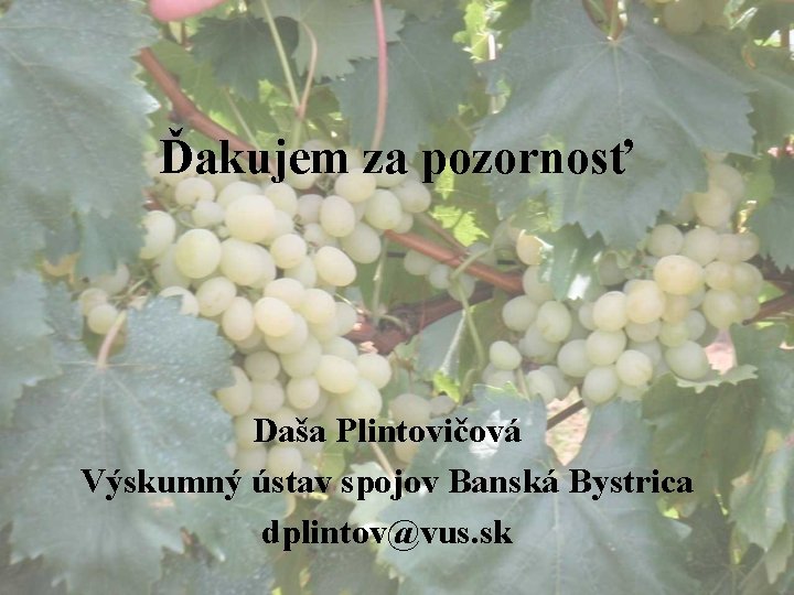 Ďakujem za pozornosť Daša Plintovičová Výskumný ústav spojov Banská Bystrica dplintov@vus. sk 