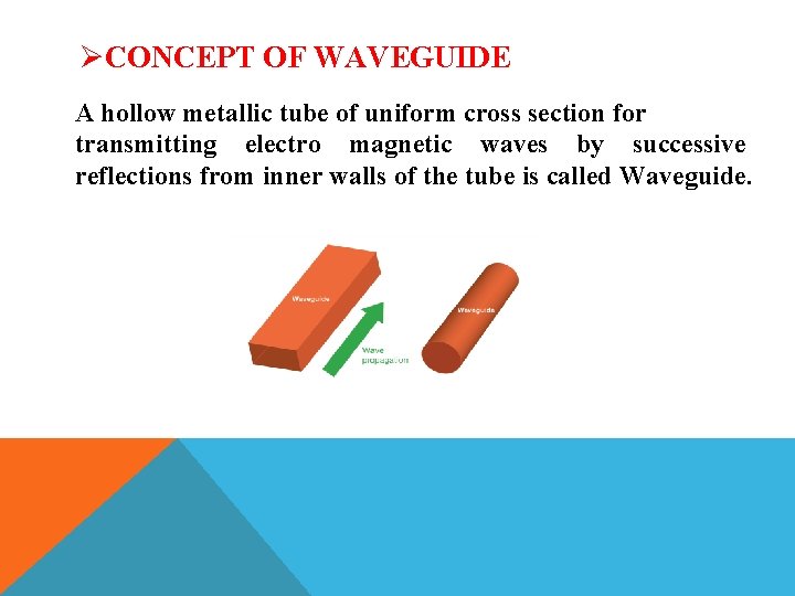 ØCONCEPT OF WAVEGUIDE A hollow metallic tube of uniform cross section for transmitting electro