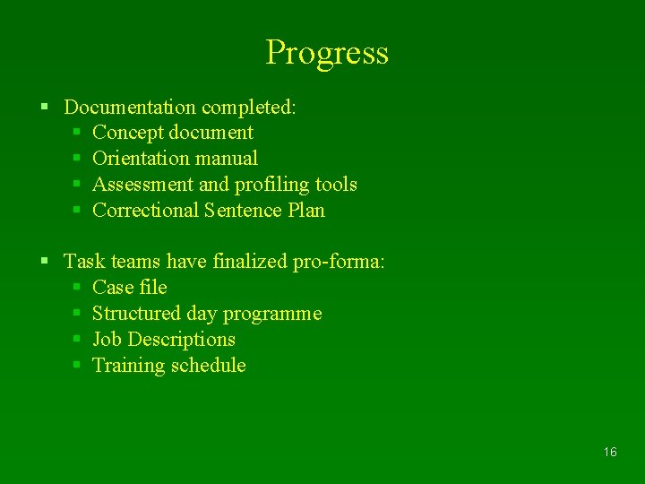 Progress § Documentation completed: § Concept document § Orientation manual § Assessment and profiling