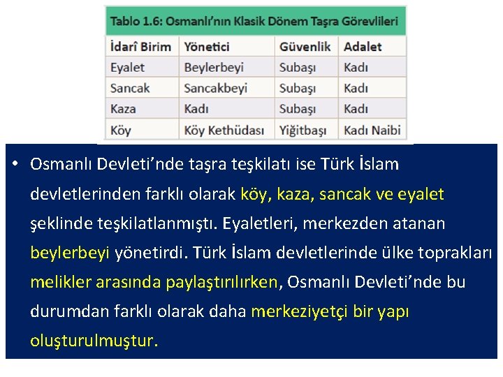  • Osmanlı Devleti’nde taşra teşkilatı ise Türk İslam devletlerinden farklı olarak köy, kaza,