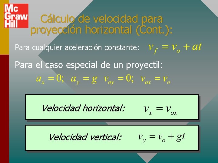 Cálculo de velocidad para proyección horizontal (Cont. ): Para cualquier aceleración constante: Para el