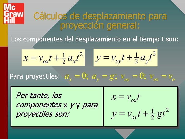 Cálculos de desplazamiento para proyección general: Los componentes del desplazamiento en el tiempo t