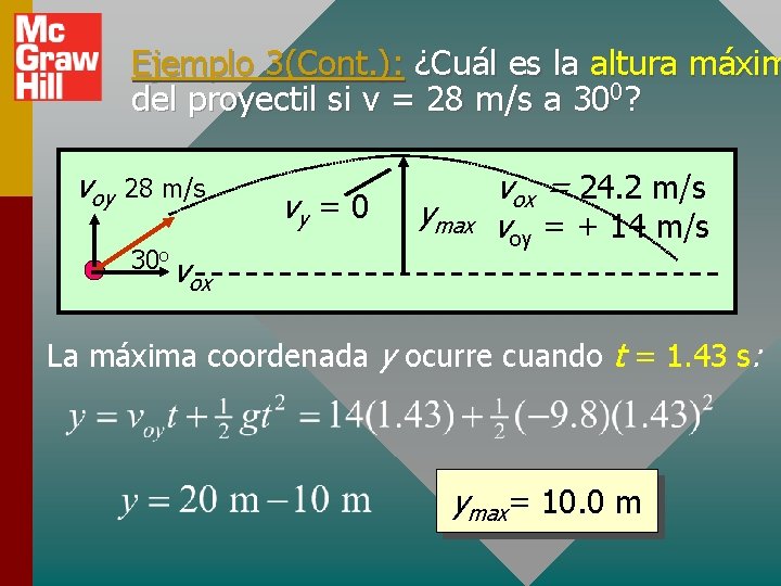 Ejemplo 3(Cont. ): ¿Cuál es la altura máxim del proyectil si v = 28