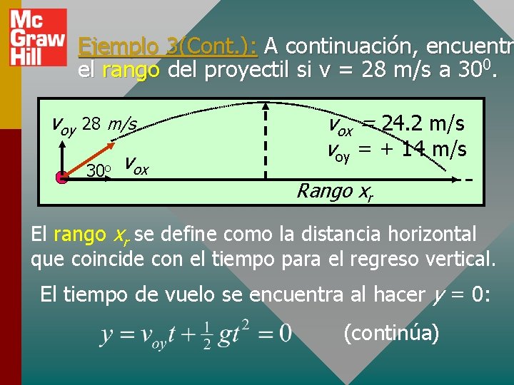 Ejemplo 3(Cont. ): A continuación, encuentr el rango del proyectil si v = 28