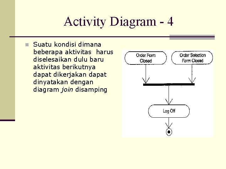 Activity Diagram - 4 n Suatu kondisi dimana beberapa aktivitas harus diselesaikan dulu baru