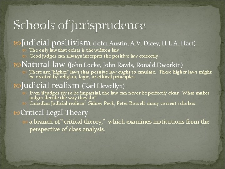 Schools of jurisprudence Judicial positivism (John Austin, A. V. Dicey, H. L. A. Hart)