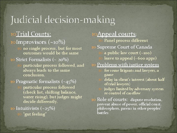 Judicial decision-making Trial Courts: Improvisors (~10%) no single process, but for most outcomes would