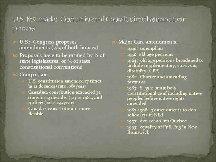 U. S. & Canada: Comparison of Constitutional amendment process U. S. : Congress proposes