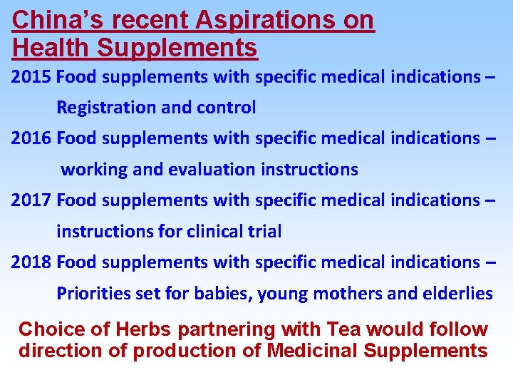 China’s recent Aspirations on Health Supplements 2015 Food supplements with specific medical indications –