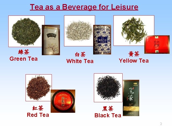 Tea as a Beverage for Leisure 綠茶 Green Tea 紅茶 Red Tea 白茶 White