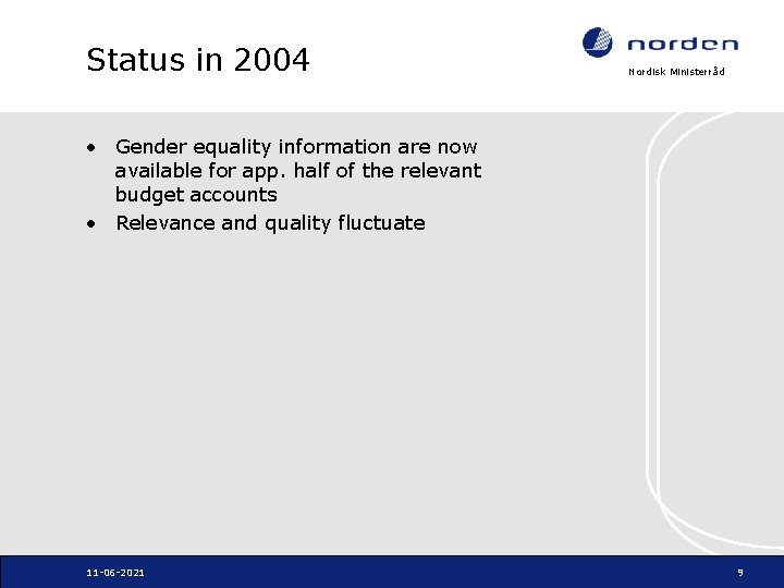 Status in 2004 Nordisk Ministerråd • Gender equality information are now available for app.