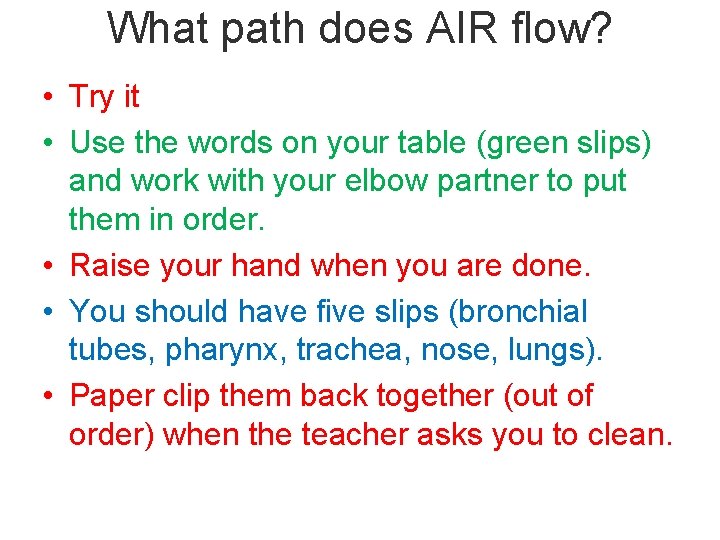 What path does AIR flow? • Try it • Use the words on your