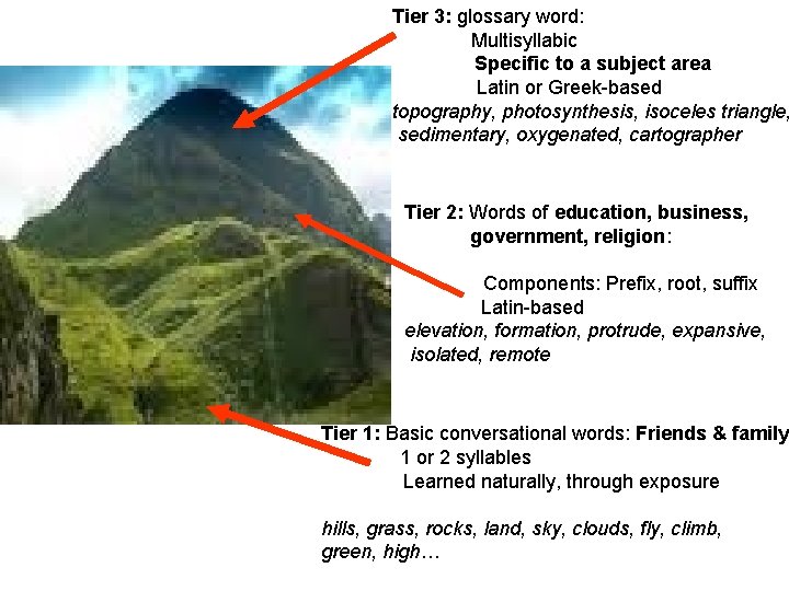 Tier 3: glossary word: Multisyllabic Specific to a subject area Latin or Greek-based topography,