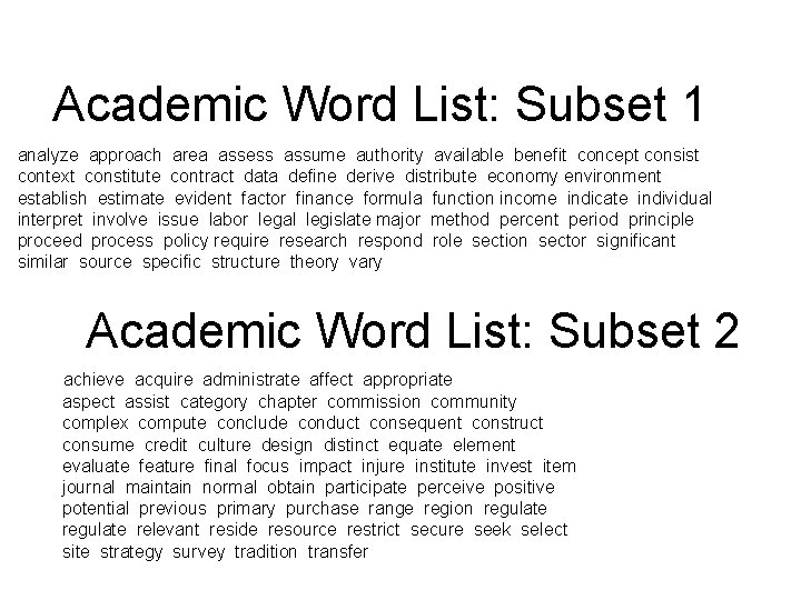 Academic Word List: Subset 1 analyze approach area assess assume authority available benefit concept