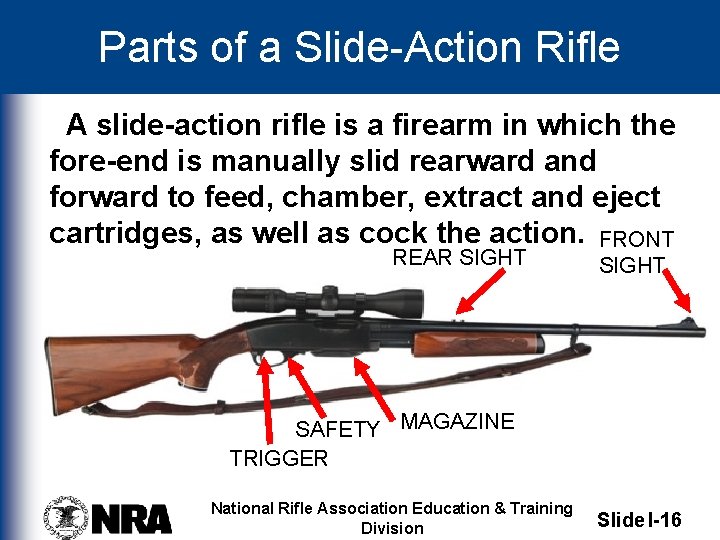 Parts of a Slide-Action Rifle A slide-action rifle is a firearm in which the