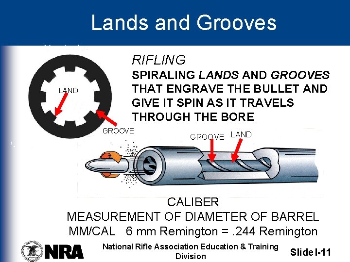 Lands and Grooves RIFLING LAND SPIRALING LANDS AND GROOVES THAT ENGRAVE THE BULLET AND