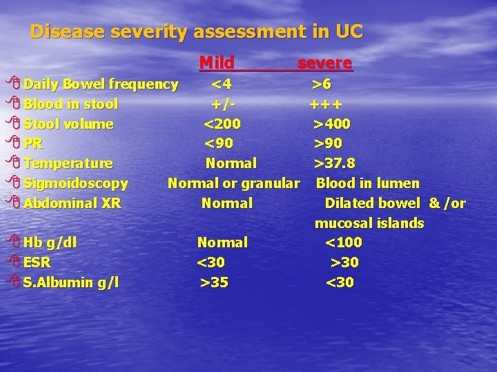 Disease severity assessment in UC Mild severe 8 Daily Bowel frequency <4 8 Blood