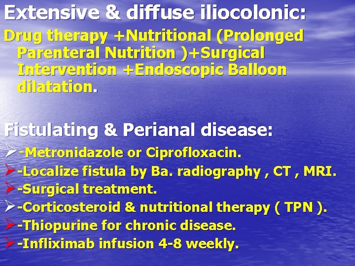 Extensive & diffuse iliocolonic: Drug therapy +Nutritional (Prolonged Parenteral Nutrition )+Surgical Intervention +Endoscopic Balloon