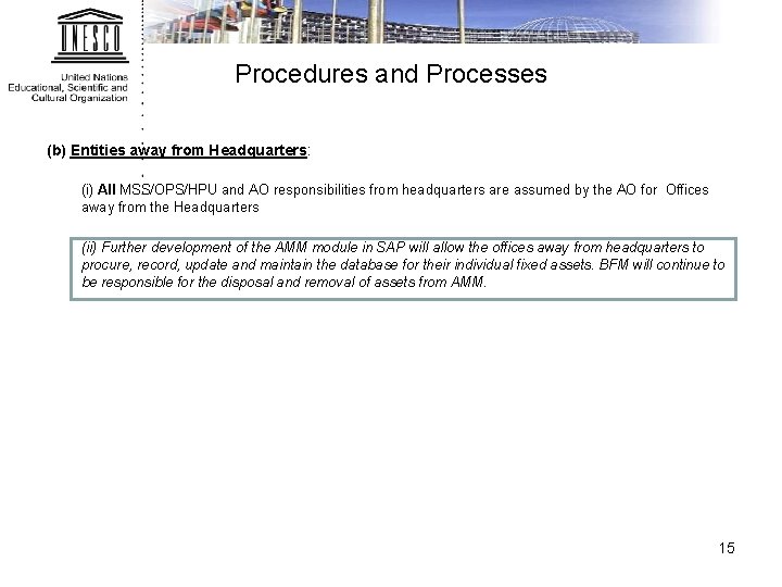 Procedures and Processes (b) Entities away from Headquarters: (i) All MSS/OPS/HPU and AO responsibilities