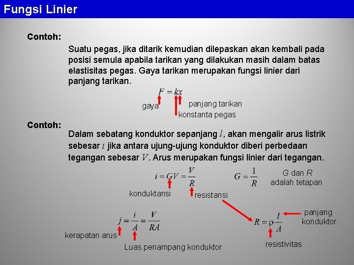 Fungsi Linier Contoh: Suatu pegas, jika ditarik kemudian dilepaskan akan kembali pada posisi semula