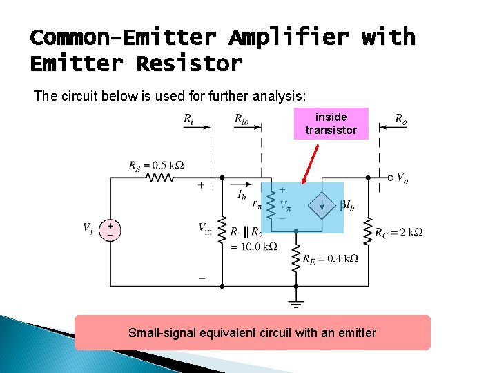 Common-Emitter Amplifier with Emitter Resistor The circuit below is used for further analysis: inside