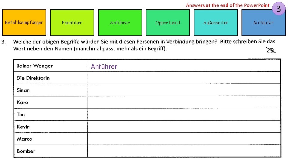 Answers at the end of the Power. Point Befehlsempfänger Fanatiker Anführer Opportunist Außenseiter Mitläufer