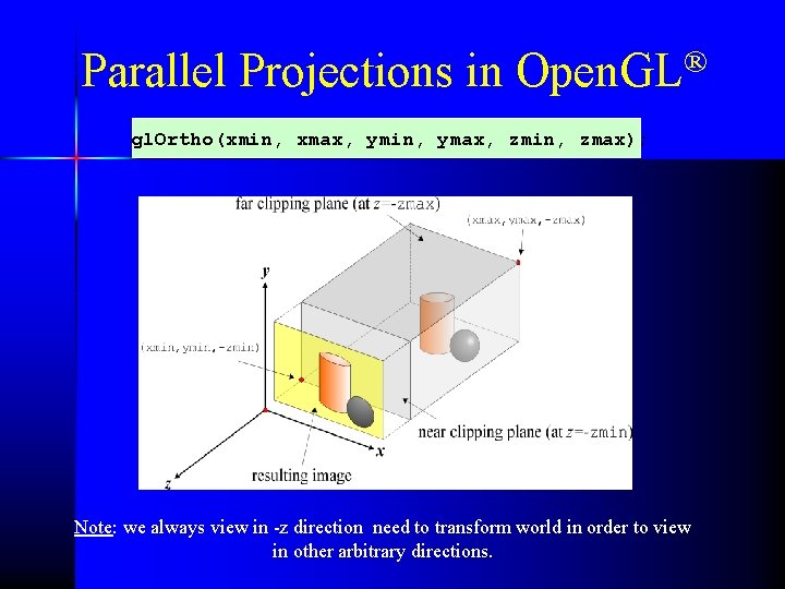 Parallel Projections in Open. GL® gl. Ortho(xmin, xmax, ymin, ymax, zmin, zmax); Note: we