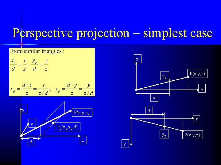 Perspective projection – simplest case x xp P(x, y, z) z d y d