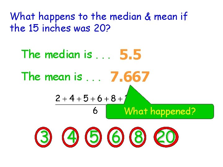 What happens to the median & mean if the 15 inches was 20? The