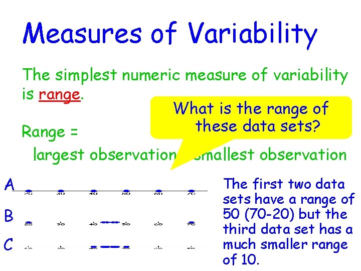 Measures of Variability The simplest numeric measure of variability is range. What is the
