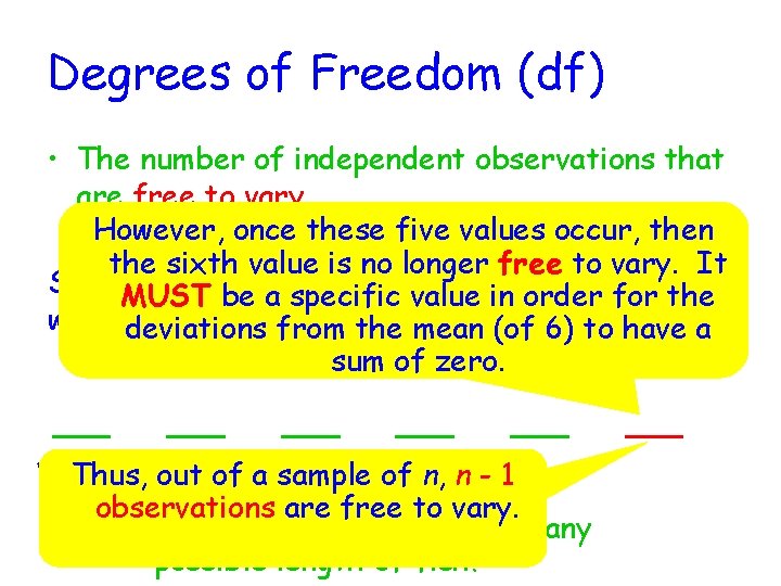 Degrees of Freedom (df) • The number of independent observations that are free to