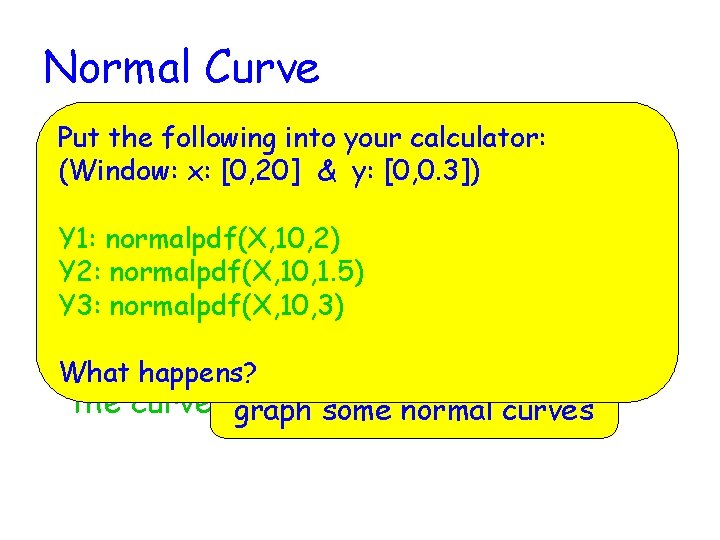 Normal Curve the following into your calculator: • Put Bell-shaped, symmetrical, unimodal curve (Window:
