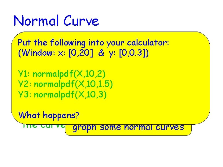 Normal Curve the following into your calculator: • Put Bell-shaped, symmetrical, unimodal curve (Window: