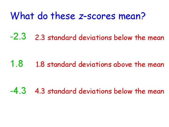 What do these z-scores mean? -2. 3 standard deviations below the mean 1. 8