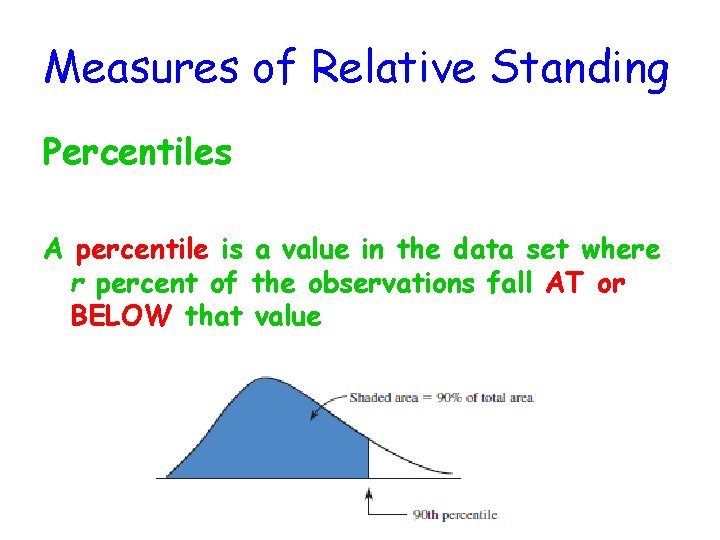 Measures of Relative Standing Percentiles A percentile is a value in the data set