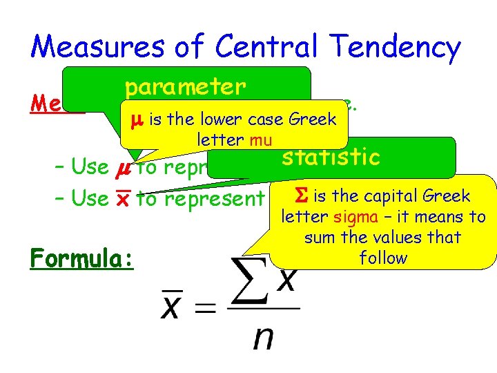 Measures of Central Tendency parameter Mean is the arithmetic average. m is the lower