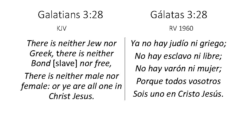 Galatians 3: 28 KJV Gálatas 3: 28 RV 1960 There is neither Jew nor
