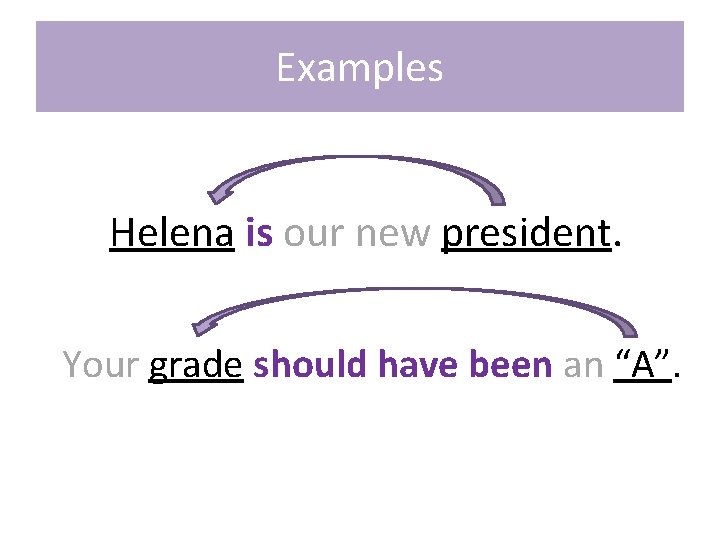 Examples Helena is our new president. Your grade should have been an “A”. 