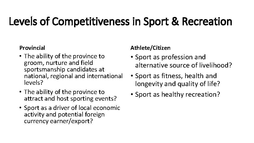 Levels of Competitiveness in Sport & Recreation Provincial Athlete/Citizen • The ability of the