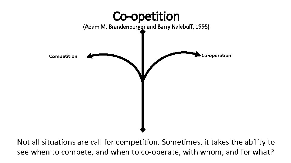 Co-opetition (Adam M. Brandenburger and Barry Nalebuff, 1995) Competition Co-operation Not all situations are