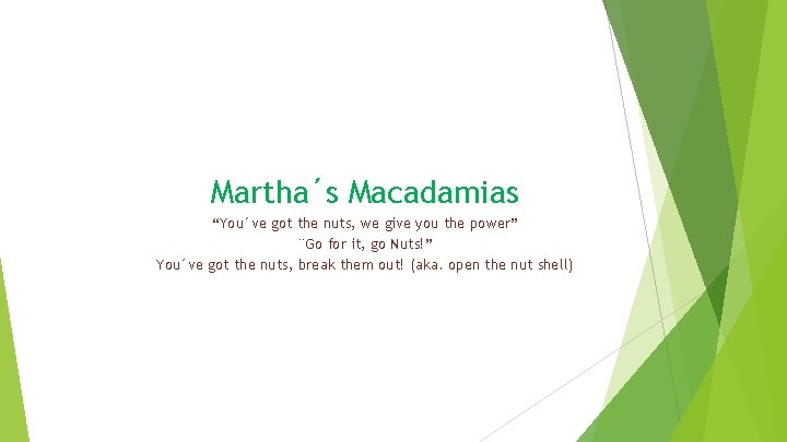 Martha´s Macadamias “You´ve got the nuts, we give you the power” ¨Go for it,