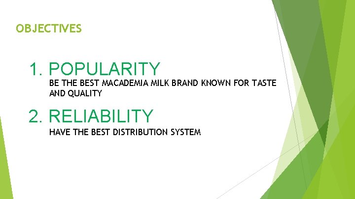 OBJECTIVES 1. POPULARITY BE THE BEST MACADEMIA MILK BRAND KNOWN FOR TASTE AND QUALITY