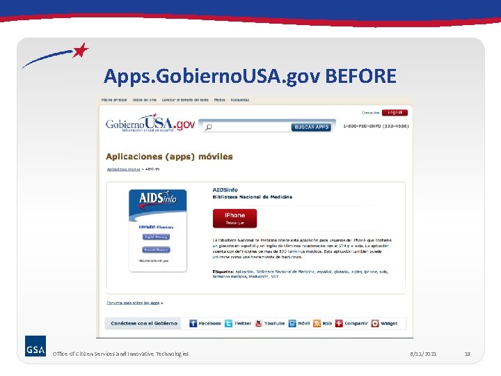 Apps. Gobierno. USA. gov BEFORE Office of Citizen Services and Innovative Technologies 6/11/2021 18