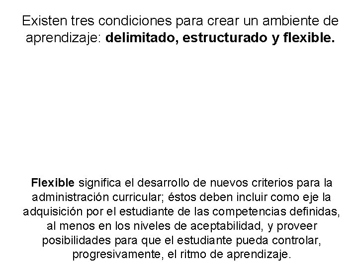 Existen tres condiciones para crear un ambiente de aprendizaje: delimitado, estructurado y flexible. Flexible