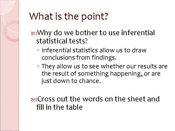 What is the point? Why do we bother to use inferential statistical tests? ◦ What is the point? Why do we bother to use inferential statistical tests? ◦