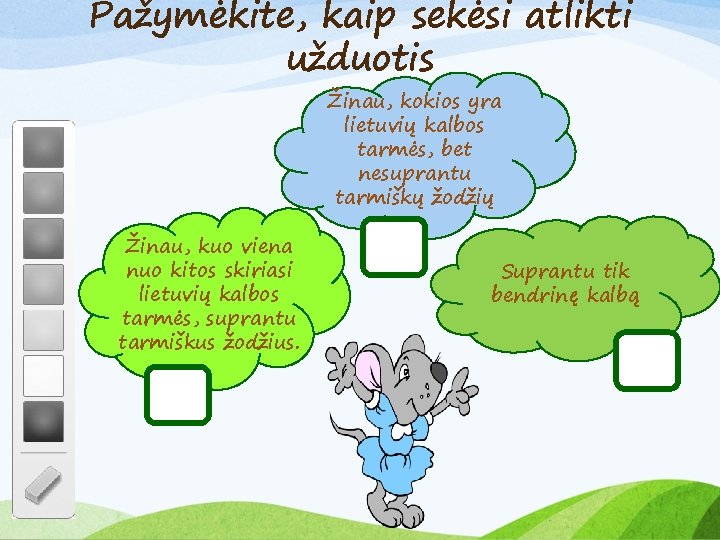 Pažymėkite, kaip sekėsi atlikti užduotis Žinau, kokios yra lietuvių kalbos tarmės, bet nesuprantu tarmiškų